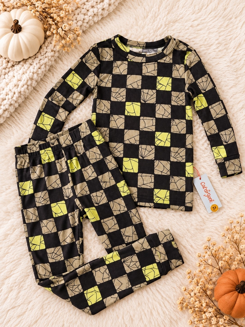 Cat & Jack 5T Halloween Spiderweb Checkered Pajama Set NWT